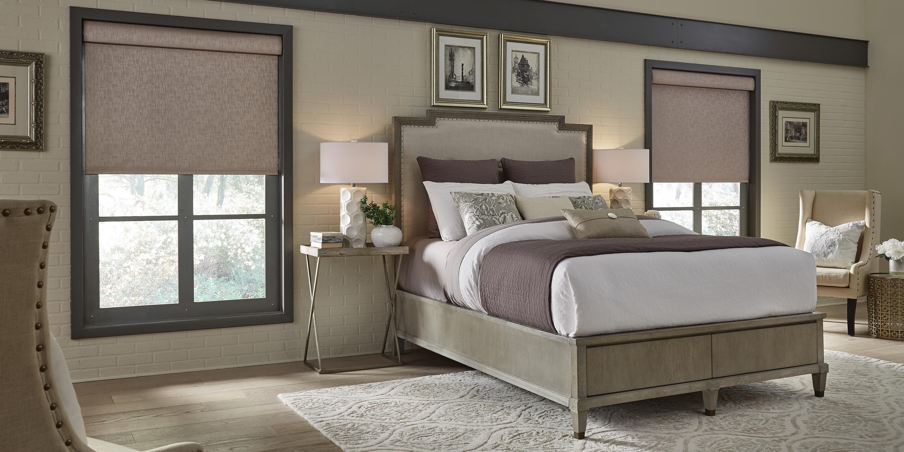 Lutron Bedroom in neutral colors with halfway open shades